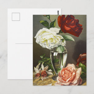 Carte Postale Roses rouges, blanches et roses vintage dans un va