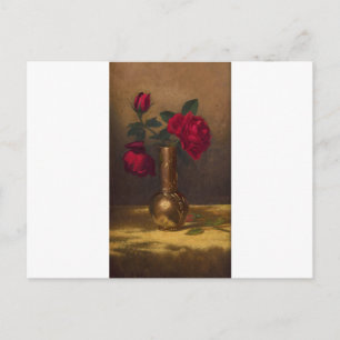Carte Postale Roses rouges dans un vase japonais sur tissu velou
