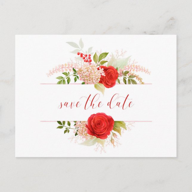 Carte Postale Roses Rouges D'Hiver & Feuillage Save The Date (Devant)