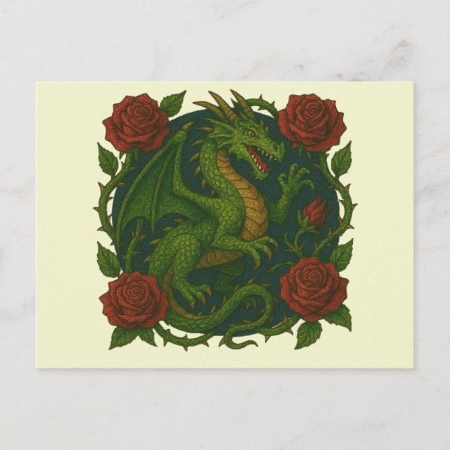 Carte Postale Roses rouges dragon vert (Devant)