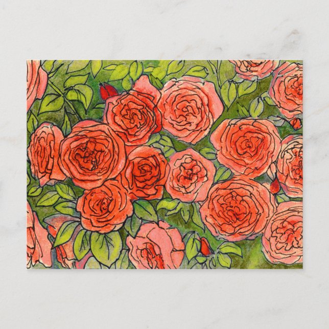 Carte Postale Roses rouges, Jardin Rose vert Croquis floral (Devant)