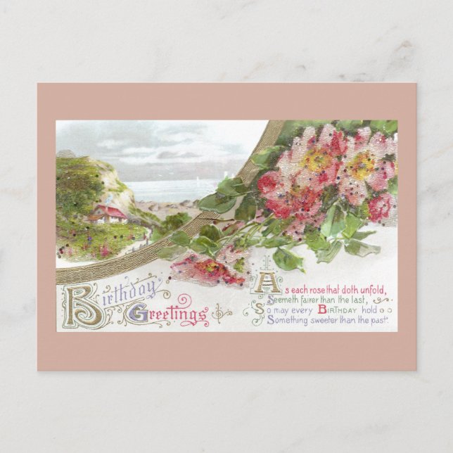 Carte Postale Roses sauvages et Vignette Anniversaire Vintage (Devant)