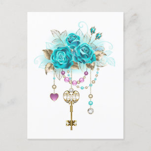 Carte Postale Roses Turquoise avec Clés