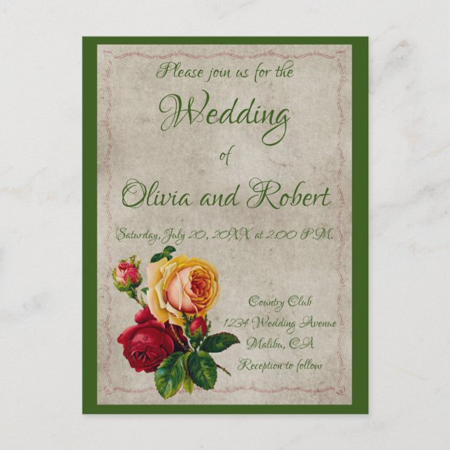 Carte Postale Roses vintages et jaunes personnalisées (Devant)