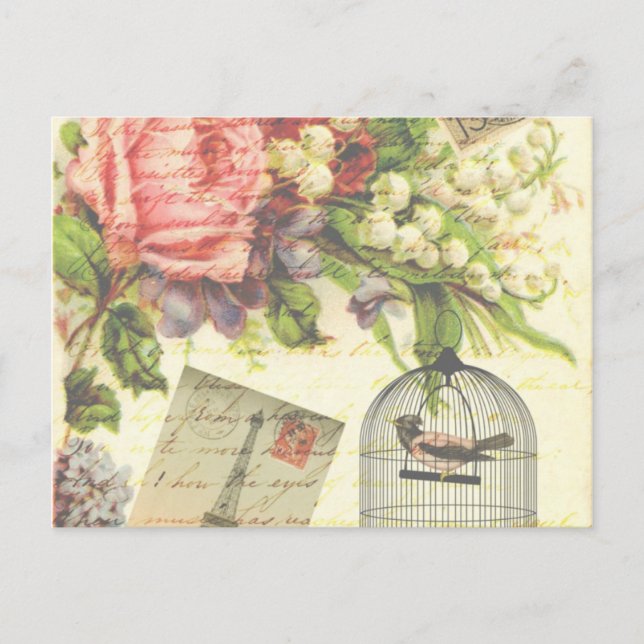 Carte Postale Roses vintages et oiseaux en cage (Devant)