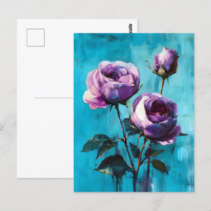 Carte Postale Roses violets gras sur bleu