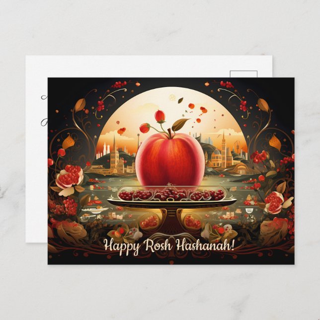 Carte Postale ✡️ Rosh Hashanah avec Dôme de Rock & Pomme (Devant / Derrière)