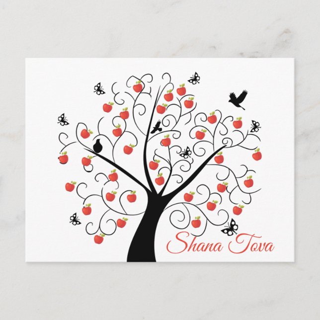 Carte Postale Rosh Hashanah Pommier avec les oiseaux et les papi (Devant)