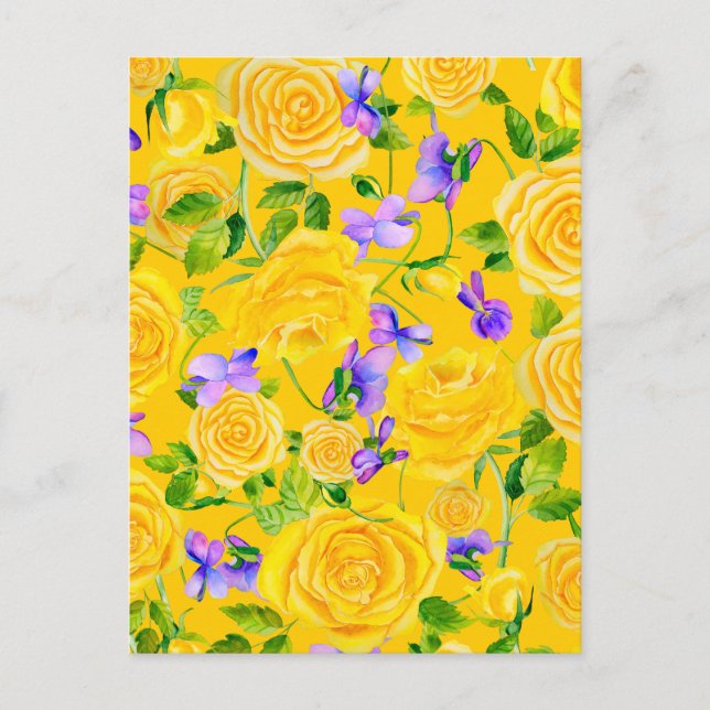 Carte Postale Rosier Jaune et Violettes Floral   (Devant)
