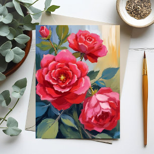 Carte Postale Rosier rouge   Peinture florale à l'aquarelle
