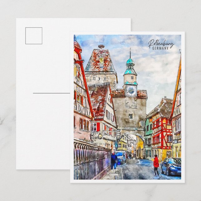 Carte Postale Rothenburg Allemagne vintage voyage aquarelle (Devant / Derrière)