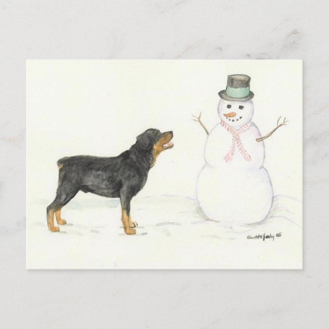 Carte postale Rottweiler and Snowman Dog Art (Devant)