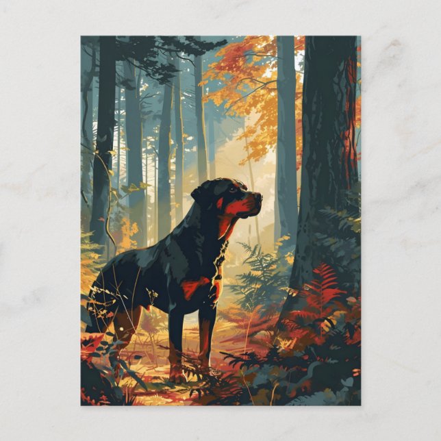 Carte Postale Rottweiler dans une forêt au coucher du soleil (Devant)