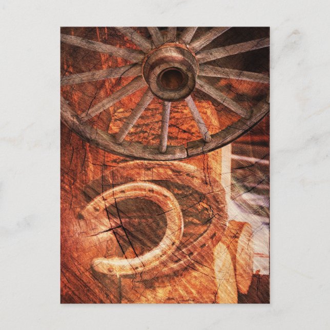 Carte Postale Roue en Wagon Rustique Horseshoes Style Occidental (Devant)