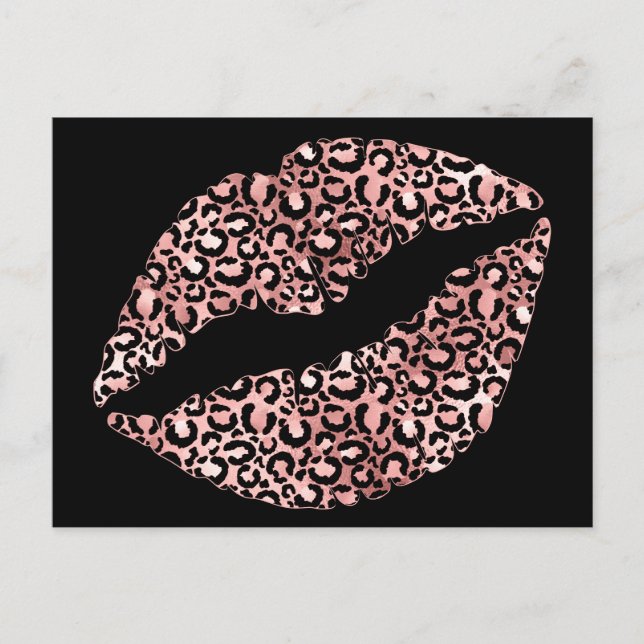 Carte Postale Rouge à lèvres baiser tache de léopard or rose et  (Devant)
