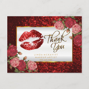 Carte Postale Rouge à lèvres Pailleté et Roses - Merci