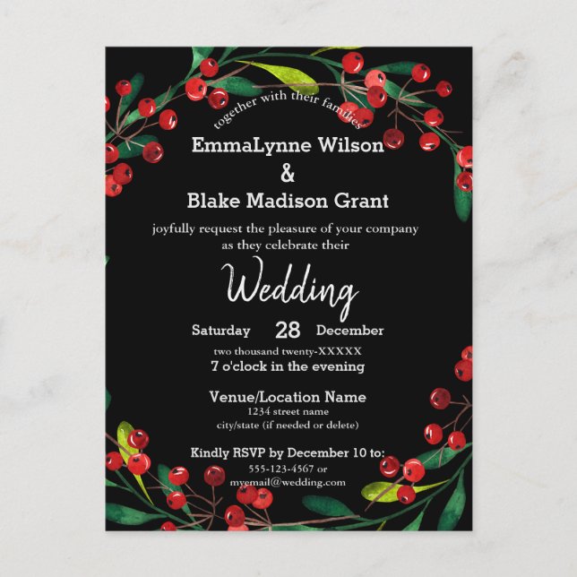Carte Postale Rouge Berries Green Wreath Black Silver Mariage In (Devant)