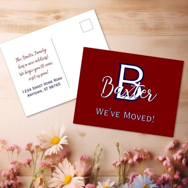 Carte Postale Rouge Blanc & Bleu Nom et Monogramme "Nous avons b (Red White & Blue Name and Monogram "We've Moved" Postcard
)