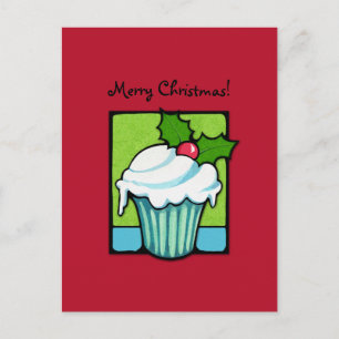Carte postale rouge de Noël Holly Cupcake