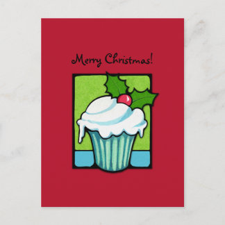 Carte postale rouge de Noël Holly Cupcake
