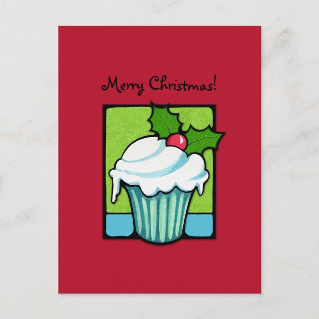 Carte postale rouge de Noël Holly Cupcake (Devant)