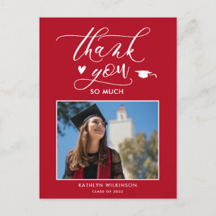 Carte Postale Rouge Élégant Script Chic Photo Graduation Merci