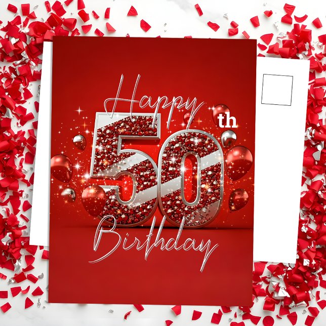 Carte Postale Rouge et Argent Pailleté 50e Anniversaire (Créateur téléchargé)
