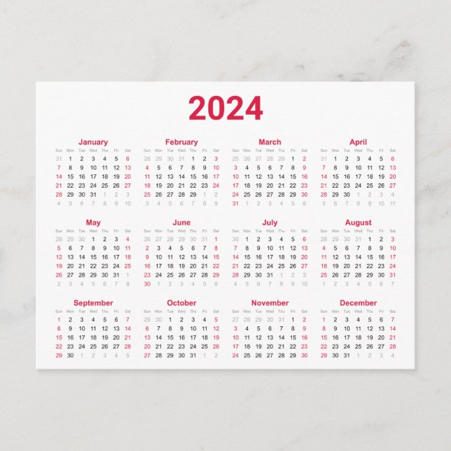 Carte Postale Rouge et Noir 2024 Année en bref Calendrier (Devant)