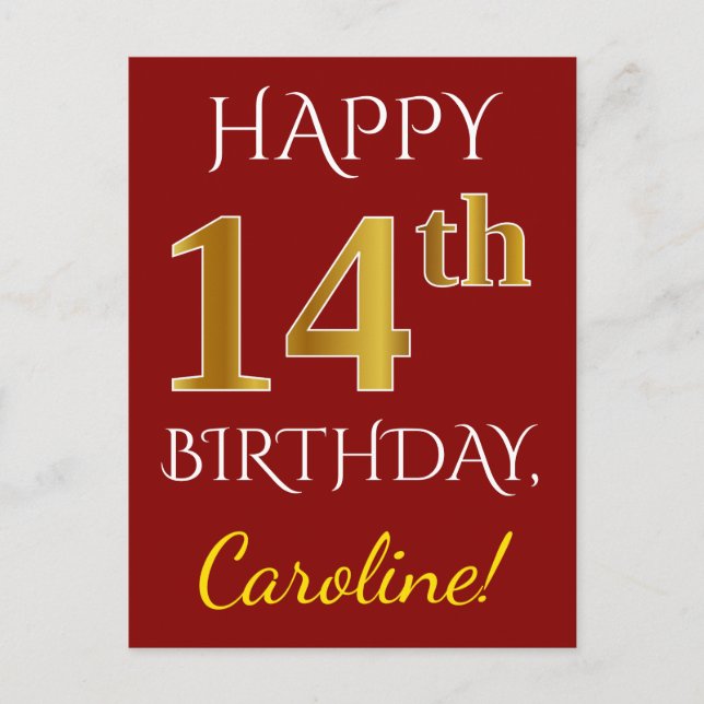 Carte Postale Rouge, Faux Gold 14e anniversaire + Nom personnali (Devant)