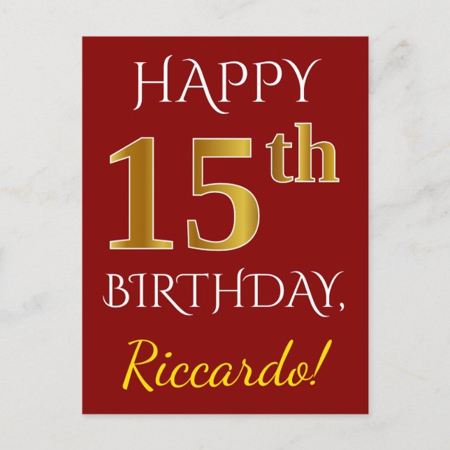 Carte Postale Rouge, Faux Gold 15e anniversaire + Nom personnali (Devant)