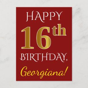 Carte Postale Rouge, Faux Gold 16e anniversaire + Nom personnali