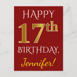 Carte Postale Rouge, Faux Gold 17e anniversaire + Nom personnali