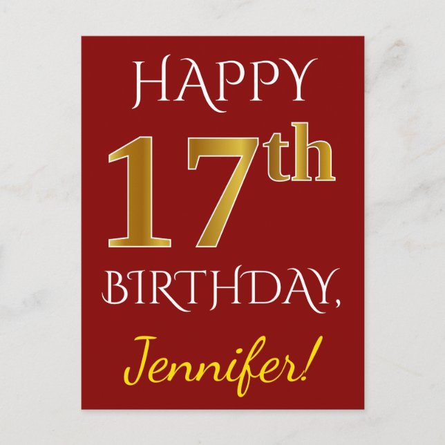 Carte Postale Rouge, Faux Gold 17e anniversaire + Nom personnali (Devant)