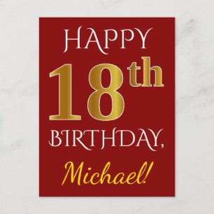 Carte Postale Rouge, Faux Gold 18e anniversaire + Nom personnali