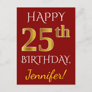 Carte Postale Rouge, Faux Gold 25e anniversaire + Nom personnali