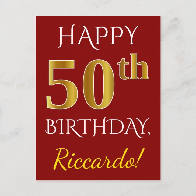 Carte Postale Rouge, Faux Gold 50e anniversaire + Nom personnali (Devant)