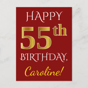 Carte Postale Rouge, Faux Gold 55e anniversaire + Nom personnali