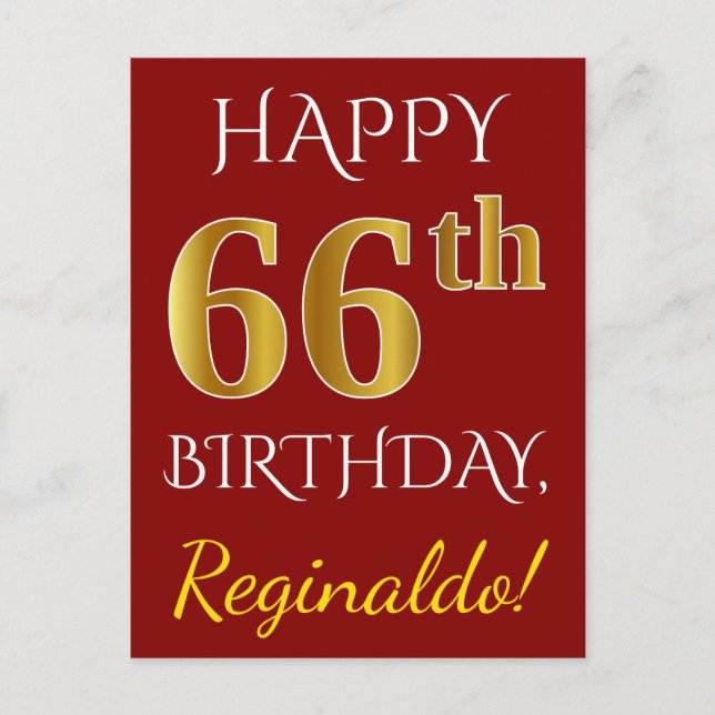Carte Postale Rouge, Faux Gold 66e anniversaire + Nom personnali (Devant)