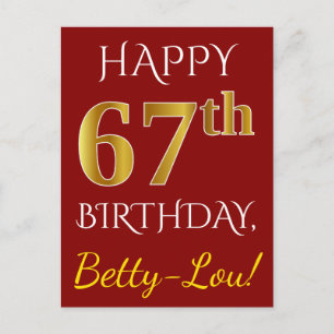 Carte Postale Rouge, Faux Gold 67e anniversaire + Nom personnali