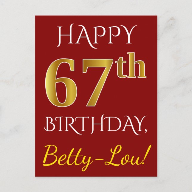 Carte Postale Rouge, Faux Gold 67e anniversaire + Nom personnali (Devant)