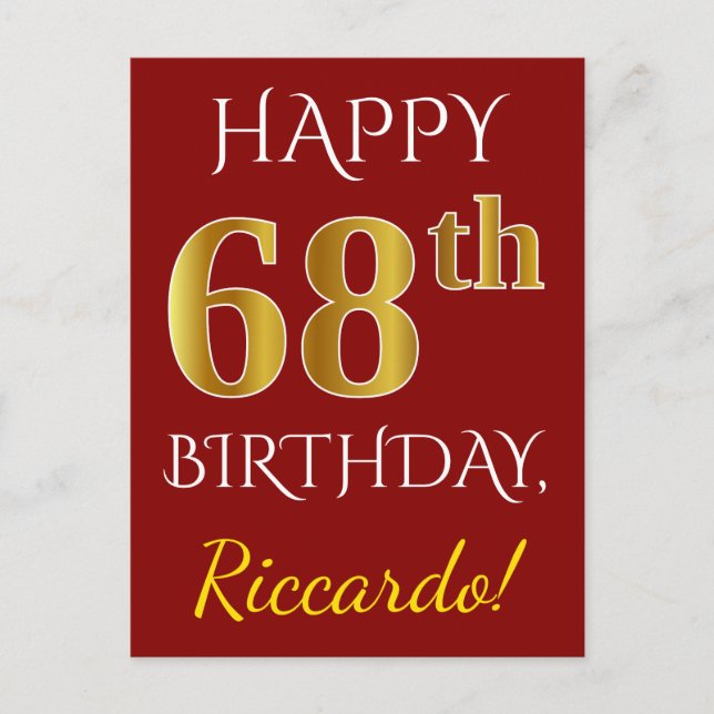 Carte Postale Rouge, Faux Gold 68e anniversaire + Nom personnali (Devant)