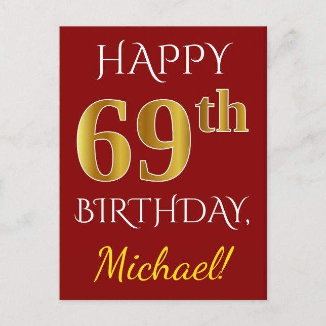 Carte Postale Rouge, Faux Gold 69e anniversaire + Nom personnali (Devant)