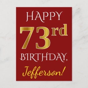 Carte Postale Rouge, Faux Gold 73e anniversaire + Nom personnali