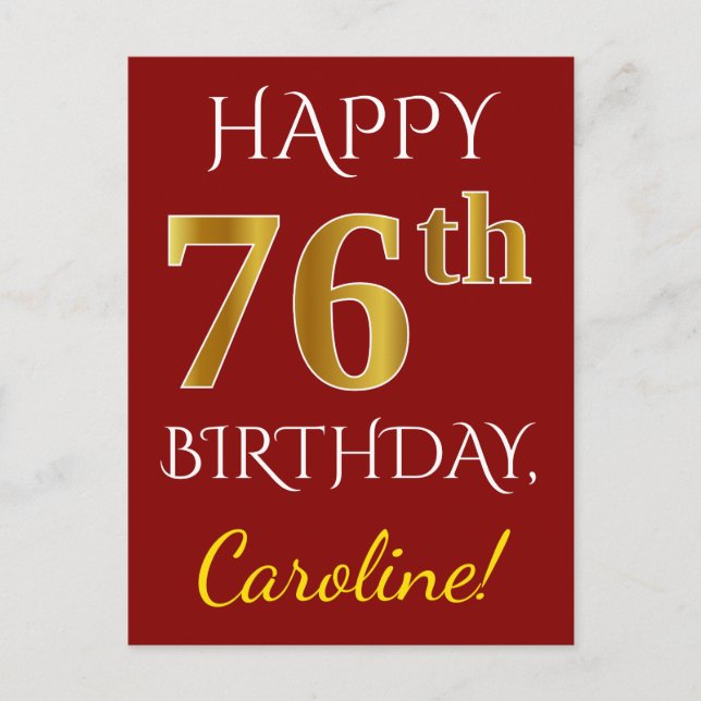 Carte Postale Rouge, Faux Gold 76e anniversaire + Nom personnali (Devant)