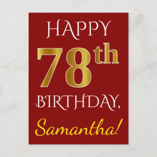 Carte Postale Rouge, Faux Gold 78e anniversaire + Nom personnali
