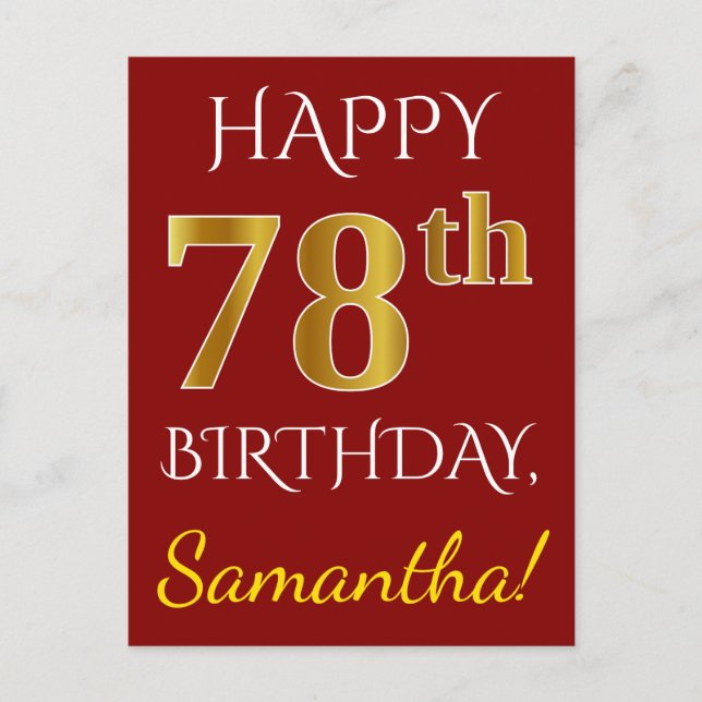 Carte Postale Rouge, Faux Gold 78e anniversaire + Nom personnali (Devant)