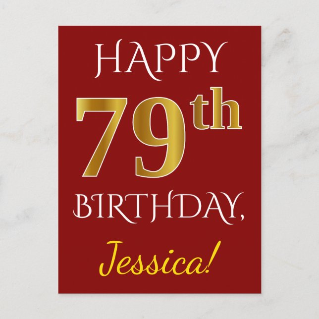 Carte Postale Rouge, Faux Gold 79e anniversaire + Nom personnali (Devant)