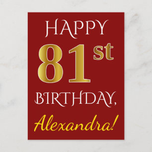 Carte Postale Rouge, Faux Gold 81e anniversaire + Nom personnali