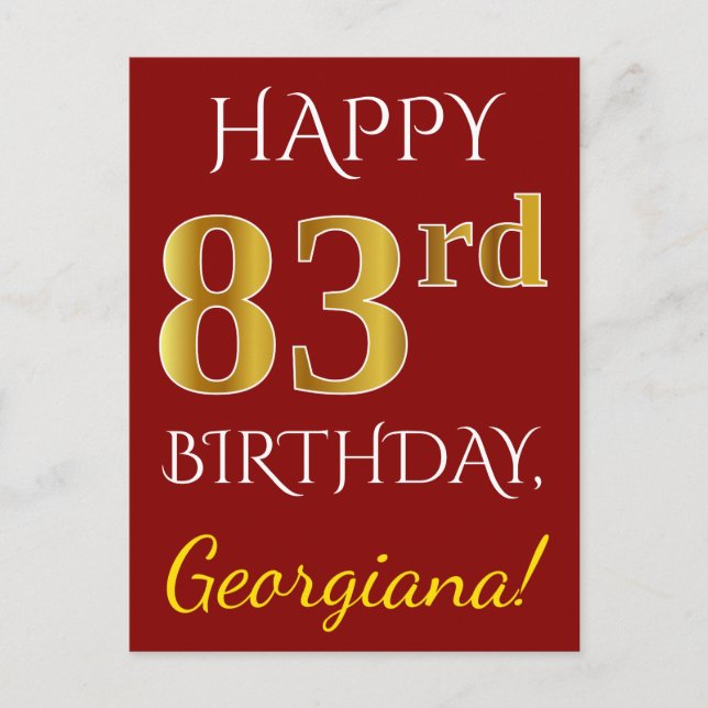 Carte Postale Rouge, Faux Gold 83e anniversaire + Nom personnali (Devant)