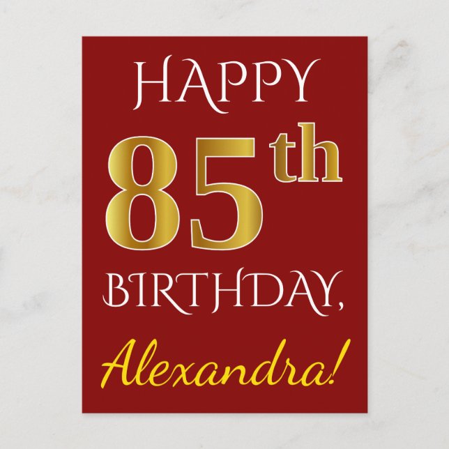 Carte Postale Rouge, Faux Gold 85e anniversaire + Nom personnali (Devant)